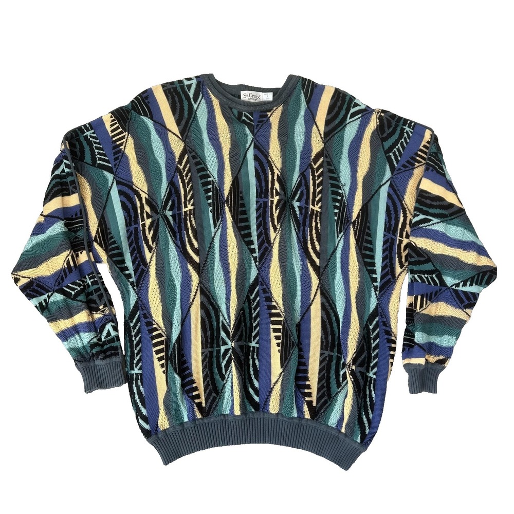 St. Croix Sweater Mens Large Multicolor Geometric 3D‎ Knit Crew Neck Pullover